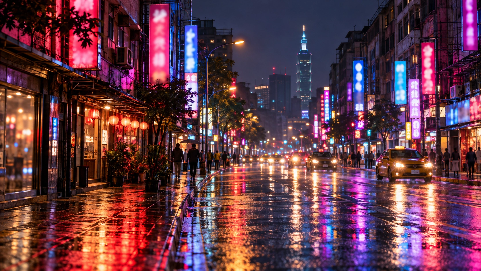 台北林森北路夜晚霓虹燈招牌與雨後街景,隱奢台北