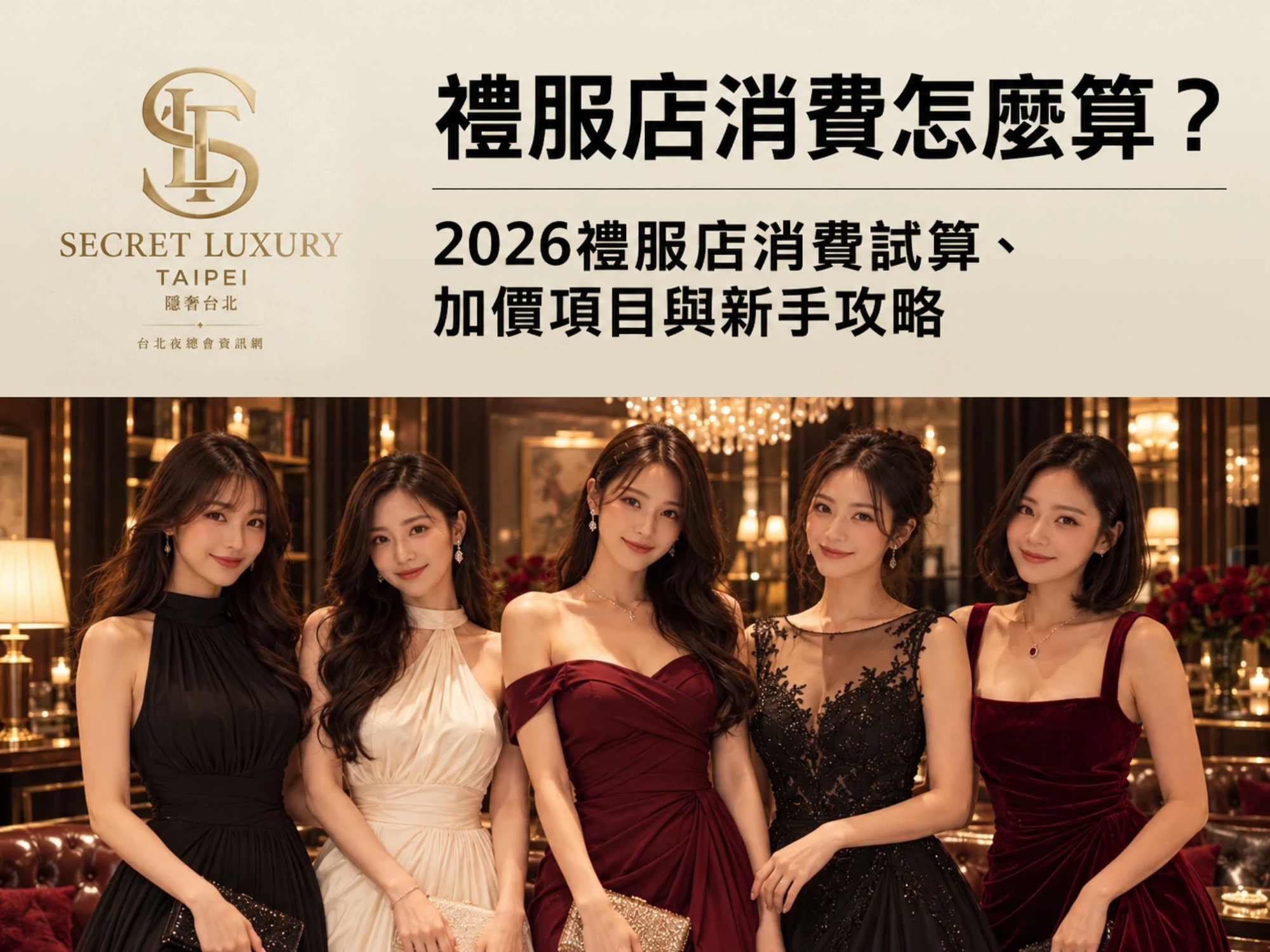 禮服店消費怎麼算封面，五位身穿晚禮服的女公關合影